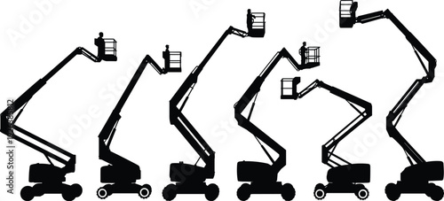 Silhouette aerial work platform boom lift operators in baskets elevated construction maintenance industrial site machinery equipment workers 