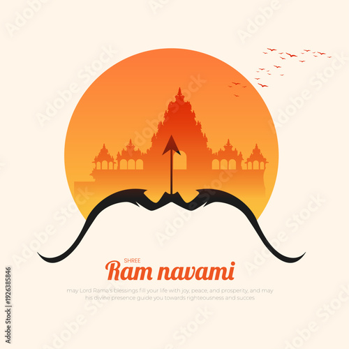 Ram Navami Hindu Festival Sunset Temple Silhouette Illustration Hindu Cultural Festival background, vector illustration.