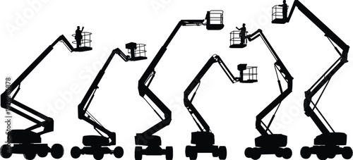 Silhouette boom lift aerial work platforms with operators in baskets elevated construction maintenance industrial site machinery equipment safety workers