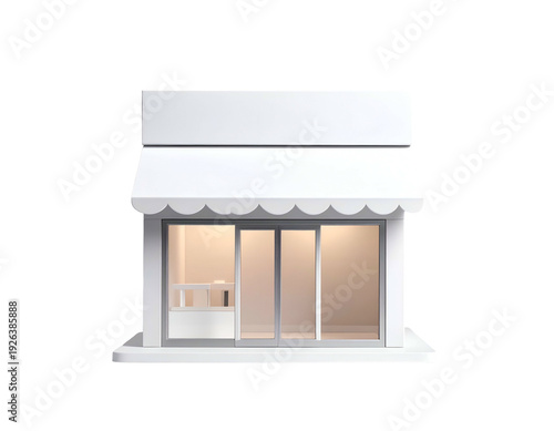 A minimalist white storefront with large glass windows