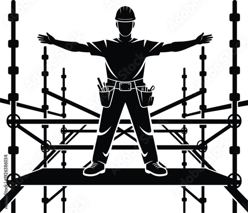 Silhouette construction worker standing on scaffolding arms outstretched like Vitruvian Man safety helmet tool belt building site industrial architecture project