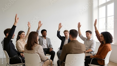 Group of people raising hands in meeting