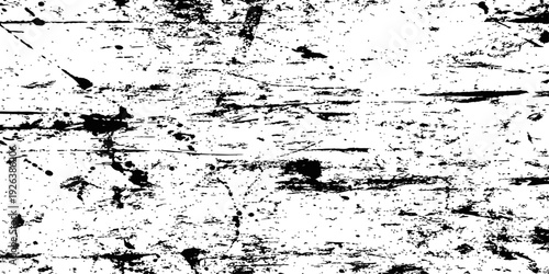 Black and white grunge distressed texture overlay vector background with paint splatters scratches and wood grain effect