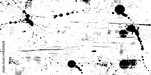 Black and white distressed grunge overlay texture with ink splatters scratches and halftone dots