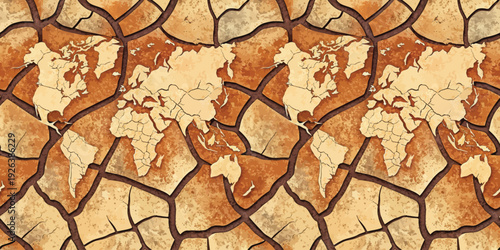 A cracked earth map displaying a fragmented view of the world continents Vector