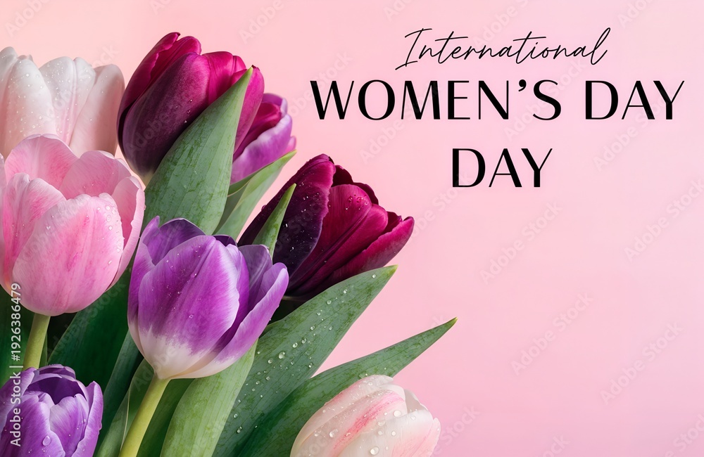 Fototapeta premium International Women's Day 2026, March 8 Tulip Bouquet Womens Day, Happy International Womens Day 2026 Tulips, IWD 2026 Purple Pink Tulip Celebration, 8 March International Women's Day Flowers Greeting