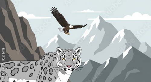 Snow leopard and eagle in majestic mountain landscape