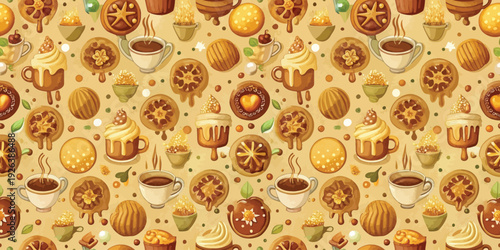 A delightful assortment of various pastries and baked goods in a vibrant pattern. Vector