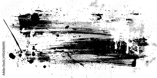 Black Grunge Brush Stroke with Splatters and Halftone Texture Vector
