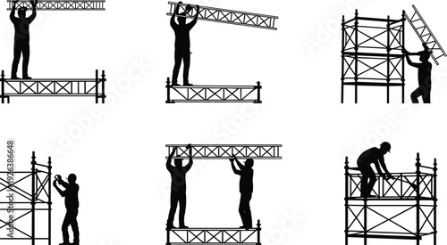 Silhouette construction workers assembling scaffolding truss beam raising ladder teamwork hard work building site industrial project construction activity