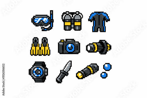 Pixel art diving equipment set with scuba gear and accessories in retro style