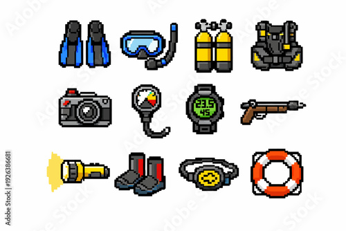 Pixel art collection of scuba diving gear and equipment icons