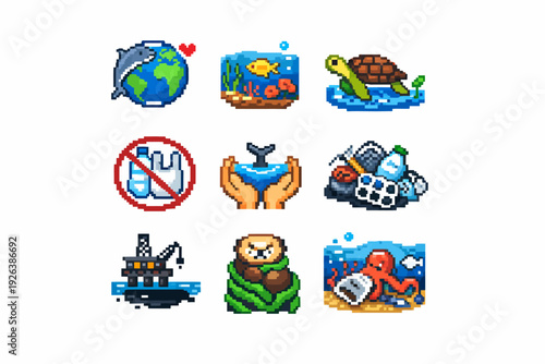 Pixel art ocean conservation icons: animals, waste management, marine life, pollution awareness