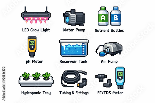 Pixel art hydroponics equipment overview featuring led, air pump, nutrients