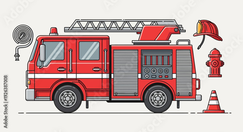 Fire Truck Vector Illustration – Emergency Rescue Vehicle Flat Design Icon