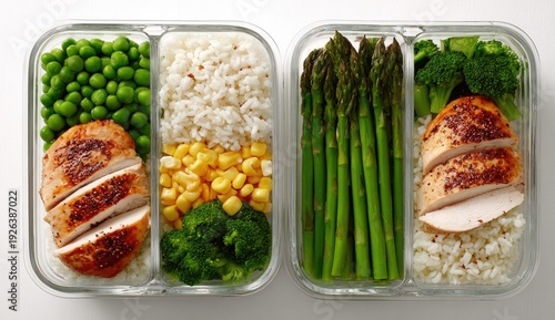 Two glass lunchboxes, each with seasoned chicken, rice, and vegetables