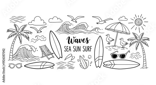 Summer Beach Vacation Doodle Vector Set – Sea, Surf, Palm Trees and Travel Icons Collection