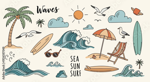 Summer Beach Vacation Doodle Vector Set – Sea, Surf, Palm Trees and Travel Icons Collection