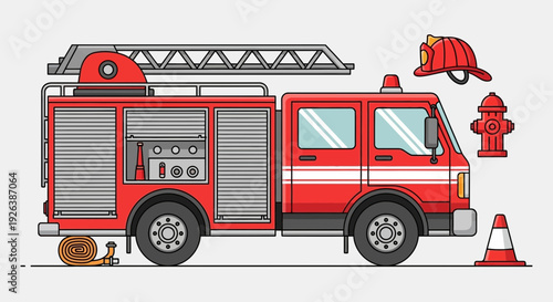 Fire Truck Vector Illustration – Emergency Rescue Vehicle Flat Design Icon