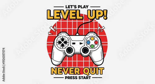 Level Up Gamer T Shirt Design Vector – Retro Game Controller Nerd Quote Illustration