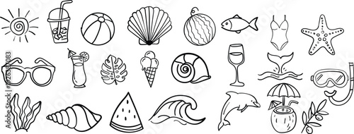 Summer Beach Doodle Icons Set Outline Vacation Elements vector