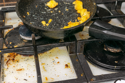Messy Stove with Dirty Pan and Food Residue in a Home Kitchen Setting