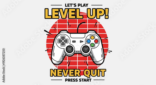 Level Up Gamer T Shirt Design Vector – Retro Game Controller Nerd Quote Illustration