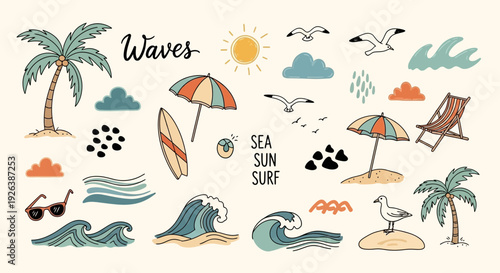 Summer Beach Vacation Doodle Vector Set – Sea, Surf, Palm Trees and Travel Icons Collection
