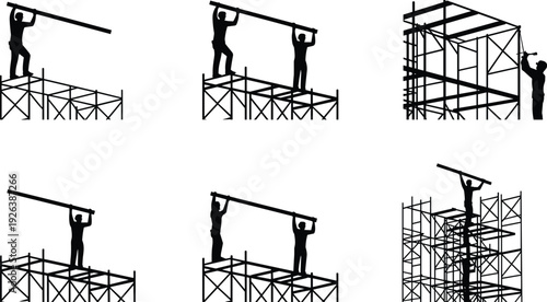 Silhouette construction workers lifting heavy beam installing scaffolding structure teamwork hard work building site industrial construction project activity