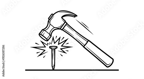 Hammer and Nail Icon Vector – Construction Tool Illustration for Repair and Carpentry