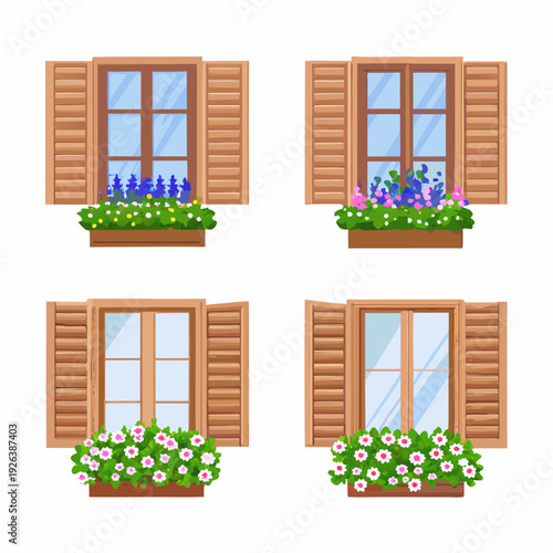 Four variations of wooden windows with flower boxes displayed