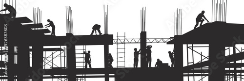 Silhouette construction workers building concrete structure teamwork hard work rebar scaffolding building site industrial construction project activity workers