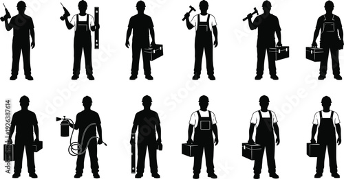 Professional Construction Worker Silhouettes Set Featuring Handyman Characters with Toolboxes, Drills, Hammers, and Safety Gear for Home Renovation and Industrial Repairs