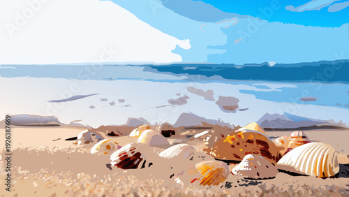 A vibrant illustration of a sandy beach with numerous seashells