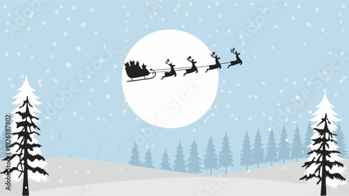 Santa s sleigh and reindeer silhouetted against a winter moonscape