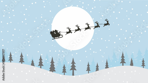Santa claus and reindeer silhouette flying across a winter moon scene