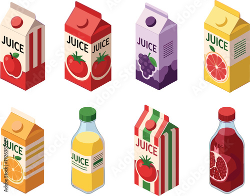 Juice, packaging, collection, cartons, bottles, fruit, beverage, drink, fresh, healthy, grocery, liquid, container, branding, illustration, vector, isolated, refreshment, assorted, set