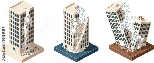 Isometric, earthquake, damaged, building, destruction, cracked, collapse, disaster, urban, architecture, emergency, seismic, hazard, rubble, structural, illustration, vector, isolated, risk, concept