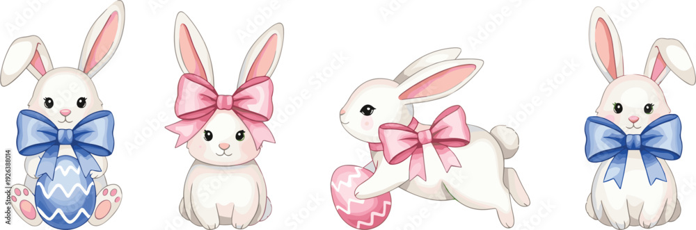 Fototapeta premium Cute, easter, bunny, collection, cartoon, rabbits, eggs, bow, pastel, holiday, spring, animal, character, illustration, vector, festive, adorable, isolated, design, set