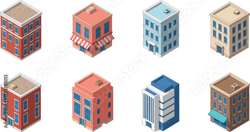 Isometric, city, buildings, collection, urban, architecture, commercial, residential, office, facade, exterior, modern, colorful, block, property, realestate, illustration, vector, isolated, set