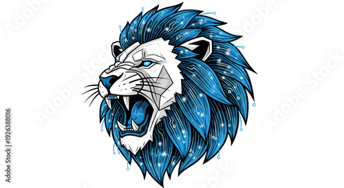 Blue Lion Head Illustration with Open Mouth.