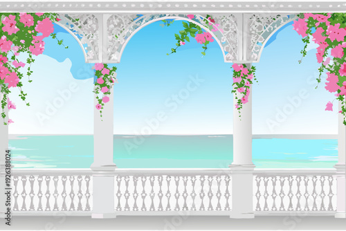 Elegant white gazebo adorned with pink flowers overlooks a serene seascape