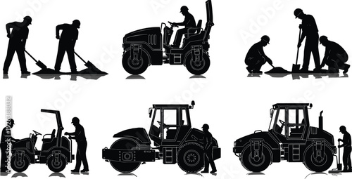 Road Construction Workers Silhouette Set with Asphalt Pavers, Steam Rollers, Heavy Machinery Operators, Industrial Building Site Equipment, and Paving Maintenance Crew