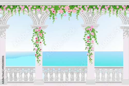 Elegant white arches adorned with pink roses overlook a tranquil blue sea