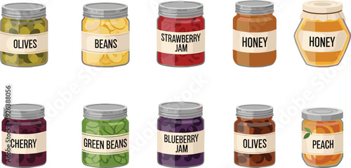 Isometric, glass, jars, food, collection, olives, beans, jam, honey, peach, preserved, pantry, packaging, labels, grocery, illustration, vector, isolated, condiments, set
