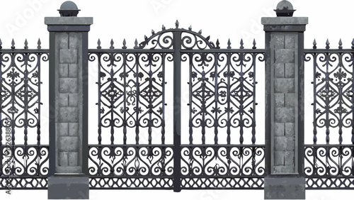 Ornate wrought iron gate with stone pillars detailed decorative design