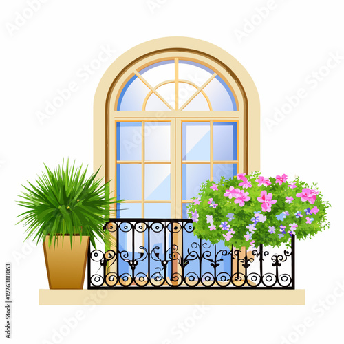 Arched window with flowering plants and decorative iron railing