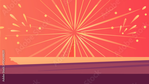 A vibrant illustration depicts a bursting firework display over water