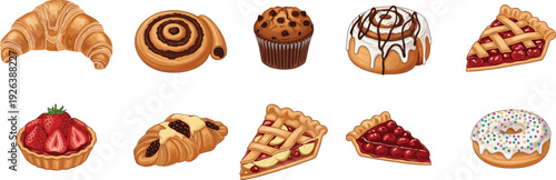 Assorted bakery pastries illustration, croissant cinnamon roll muffin donut cherry pie strawberry tart dessert collection, sweet food vector set isolated