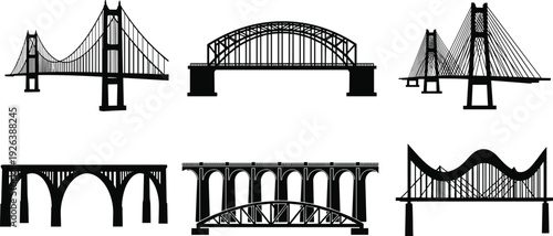 Bridge Silhouette Set, Suspension Arch Cable Stayed Vector Collection, Civil Engineering Infrastructure Graphics, Urban Landmark Viaduct Overpass Architecture Illustration Pack